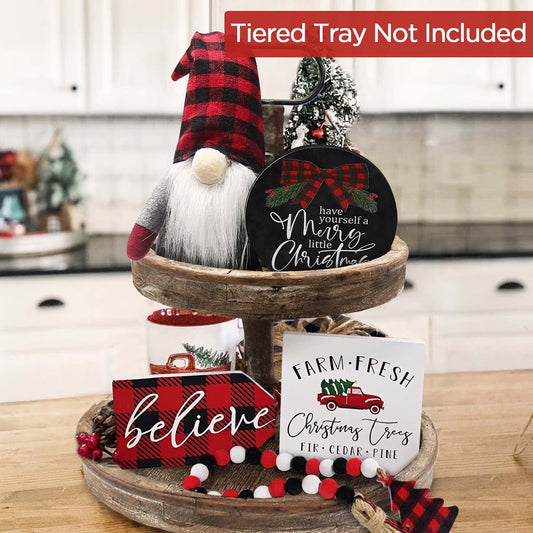 Christmas Decorations Merry Christmas Ornaments  Wooden Signs & Buffalo Plaid Gnomes Plush Set