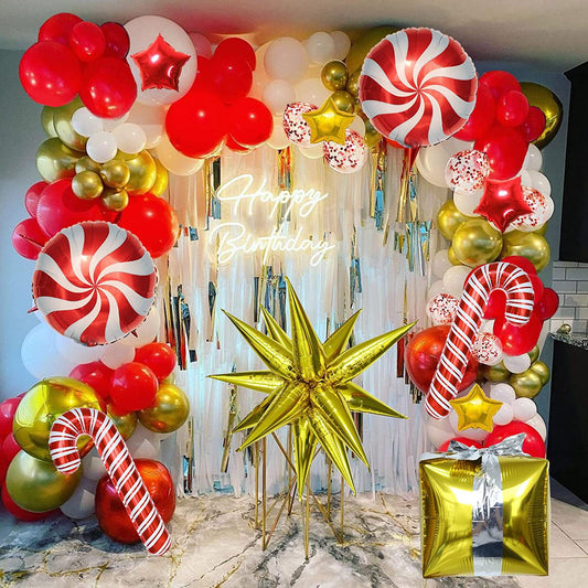 Christmas Balloon Garland Arch kit with Red White Candy Balloons Gift Box Balloons Red Gold Star Balloons