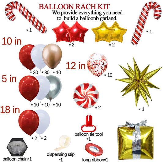 Christmas Balloon Garland Arch kit with Red White Candy Balloons Gift Box Balloons Red Gold Star Balloons