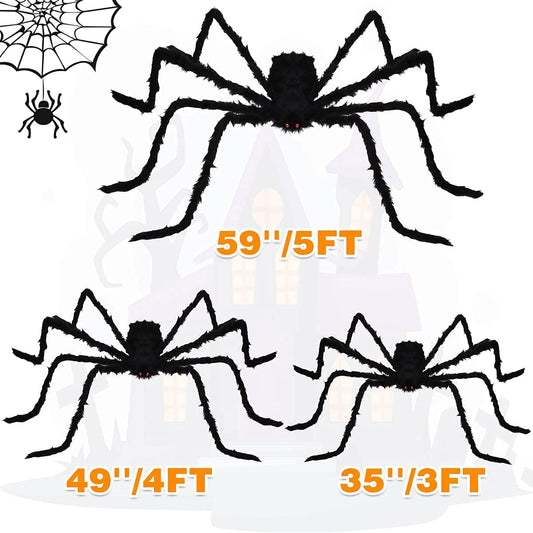 Halloween Giant Spider Decorations (3 Pack), Realistic Halloween Spider Props, Fake Scary Hairy Spiders Sets (59", 49”, 35”)