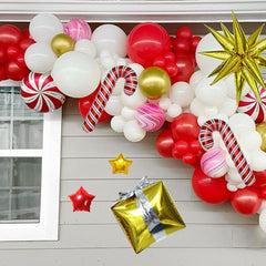 Christmas Balloon Garland Arch kit with Red White Candy Balloons Gift Box Balloons Red Gold Star Balloons