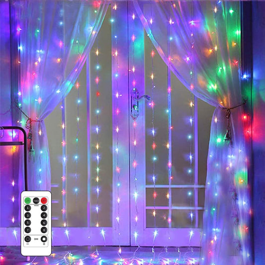 String Lights Curtain,USB Powered Fairy Lights for Party Bedroom Wall,8 Lighting Modes & IP64 Waterproof Ideal for Wedding Valentines Day Decor (Multi-Colored,9.8Ft x 6.5Ft)