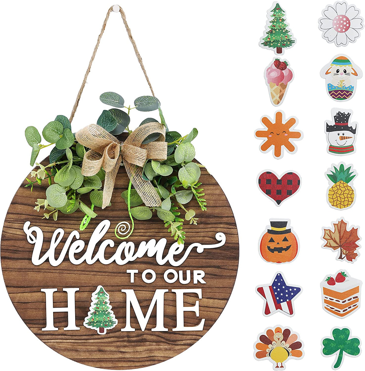 Interchangeable Seasonal Welcome Sign Front Door Decoration, Rustic Round Wood Wreaths Wall Hanging Outdoor, Farmhouse, Porch