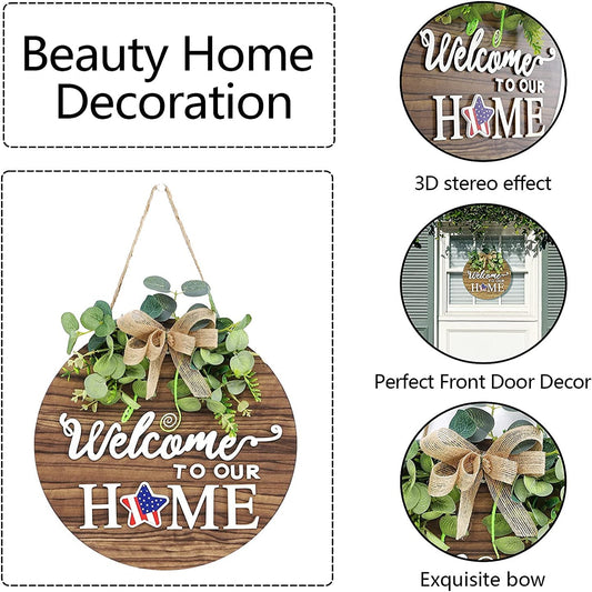 Interchangeable Seasonal Welcome Sign Front Door Decoration, Rustic Round Wood Wreaths Wall Hanging Outdoor, Farmhouse, Porch