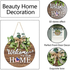 Interchangeable Seasonal Welcome Sign Front Door Decoration, Rustic Round Wood Wreaths Wall Hanging Outdoor, Farmhouse, Porch