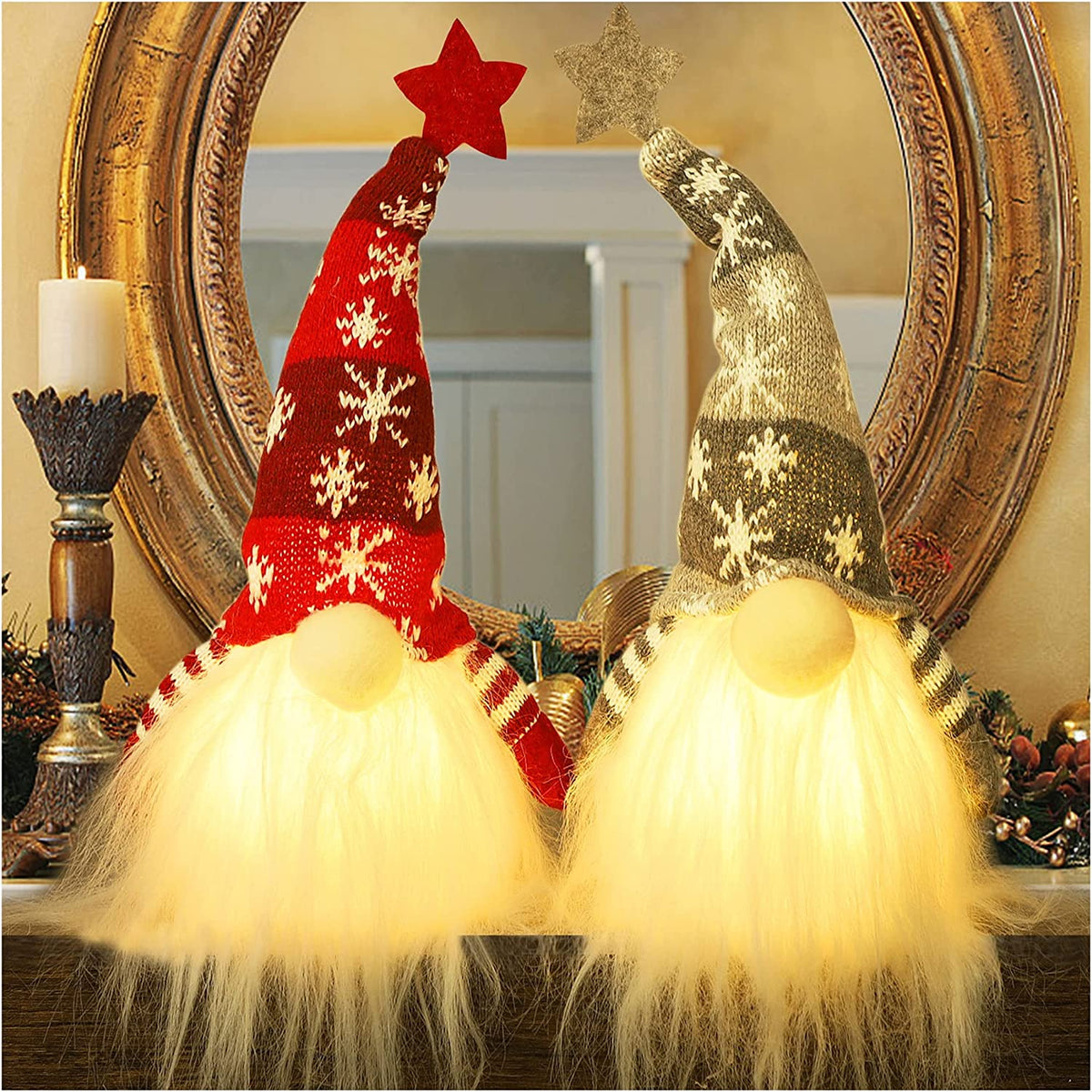 Lighted Christmas Gnome Handmade Plush Holiday Present Battery Winter Tabletop Christmas Decorations 2 Set