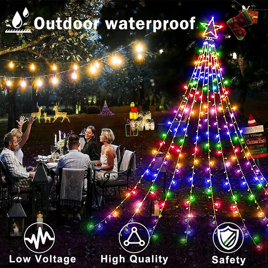 Outdoor Christmas Decorations Waterfall Lights 350 LED  Tree Light Gift, Plug in Clear Wire Waterproof Patio Light Decor for Home Xmas Tree Wedding Yard Porch Holiday Decoration Multicolor