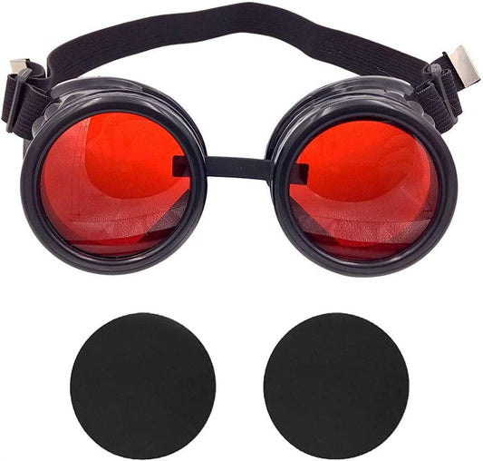 New Colored Diamond Lens Vintage Steampunk Goggles Glasses Welding Black With Red Rechangeable Lens Halloween Face Masks