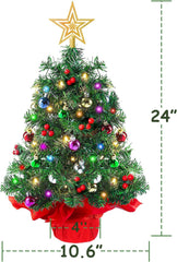 24 Inch Tabletop Christmas Tree, Mini Artificial Christmas Tree with 30 LED String Lights & Ornament, Christmas Decorations for Home and Office