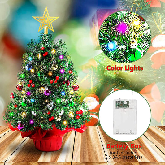 24 Inch Tabletop Christmas Tree, Mini Artificial Christmas Tree with 30 LED String Lights & Ornament, Christmas Decorations for Home and Office