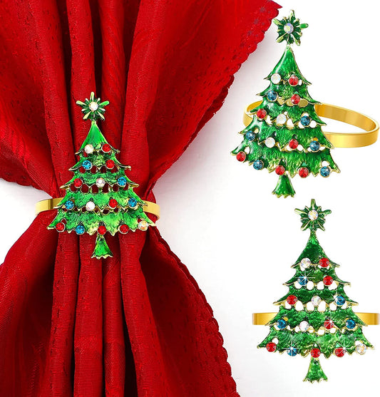 Set of 12 Christmas Tree Napkin Rings Xmas Napkin Rings Holder Buckle Set Christmas Rhinestone Diamond Metal Alloy Napkin Ring Buckle for Christmas Wedding Thanksgiving Dinner Table Decor