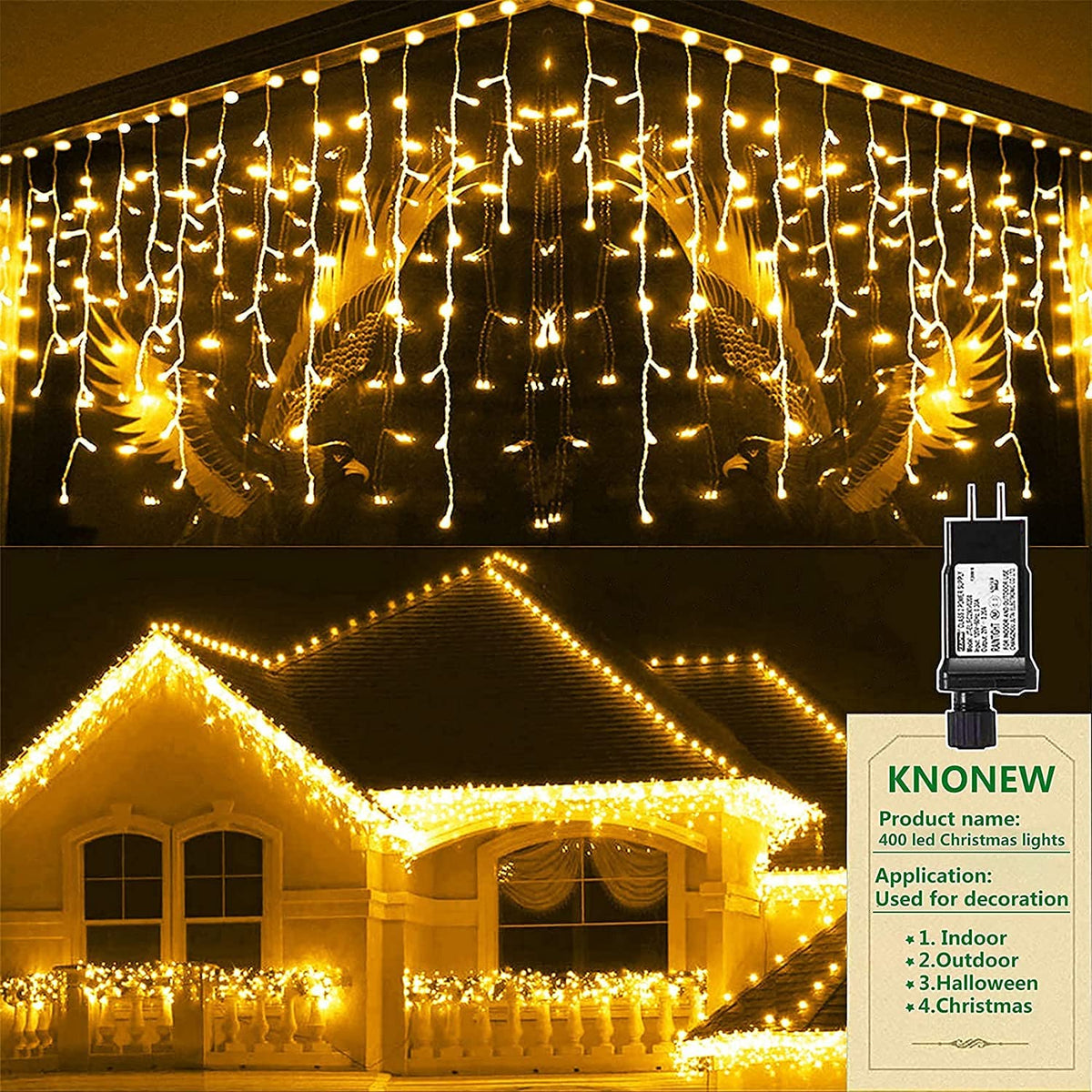 Christmas Lights Outdoor Decorations 400 LED 33ft 8 Modes Curtain Fairy String Light with 75 Drops, Clear Wire LED String Light Indoor Decor for Wedding Party Holiday Christmas Decorations