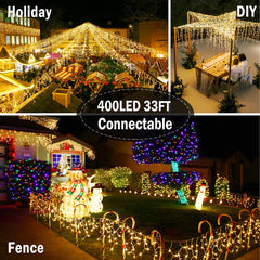 Christmas Lights Outdoor Decorations 400 LED 33ft 8 Modes Curtain Fairy String Light with 75 Drops, Clear Wire LED String Light Indoor Decor for Wedding Party Holiday Christmas Decorations