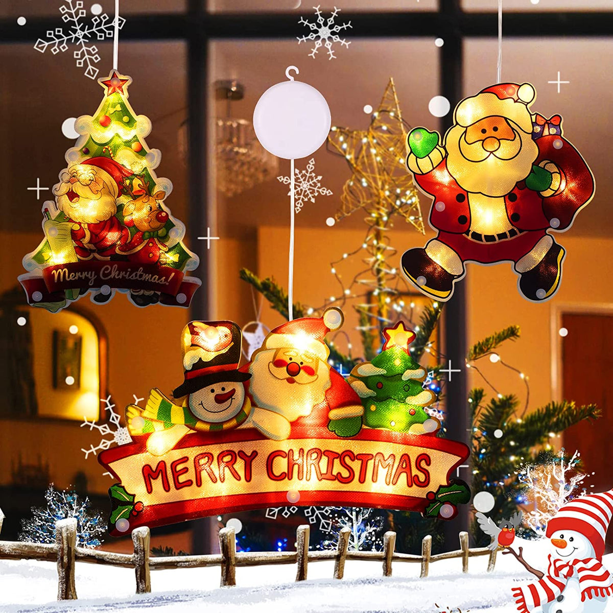 3 PCS Lighted Christmas Window Silhouette Decoration Light up Santa Claus Christmas Tree Merry Christmas Battery Operated with Suction Cup Hook for Christmas Window Glass Wall Indoor Decorations