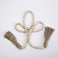 Wood Beads Garland with Tassels Farmhouse Rustic Wooden Prayer Bead String Wall Hanging Accent for Home Festival Decor