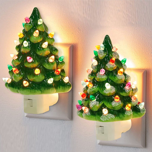 2 Pack Christmas Ceramic Tree Night Lights, Decorative Xmas Tree Nightlight with Lamp, Multicolor Bulbs & 360 Degree Swivel Plug with ON/Off Switch for Home Bathroom Bedroom Decor