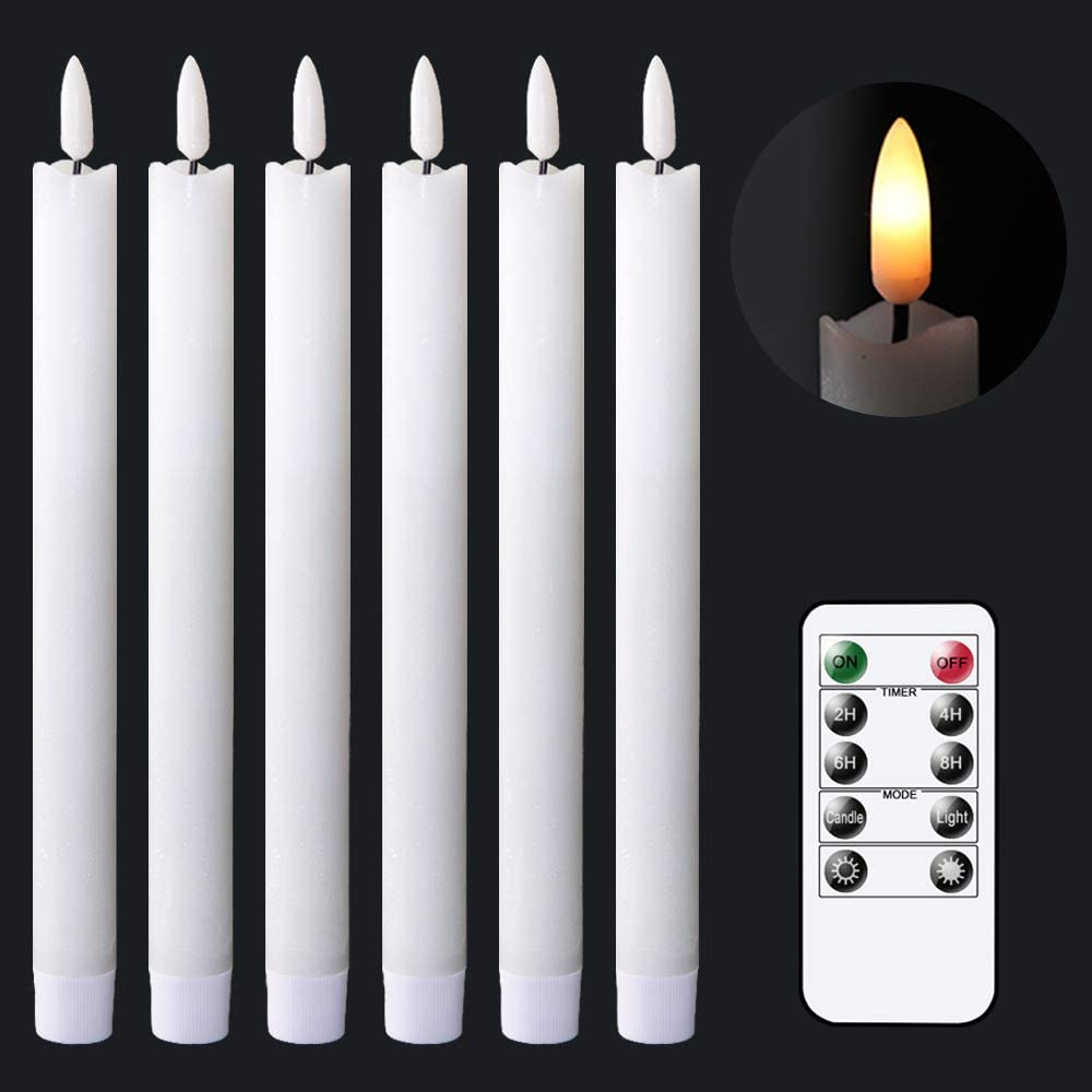 Flameless White Taper Candles Flickering with 10-Key Remote, Battery Operated Led Warm 3D Wick Light Window Candles Real Wax Pack of 6, Christmas Home Wedding Decor(0.78 X 9.64 Inch)