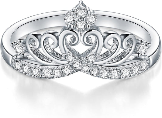 Ring Cubic Zirconia Princess Crown Tiara Wedding Band Eternity Hand Ring