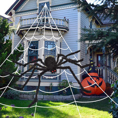 200" Halloween Spider Web + 59" Giant Spider Decorations Fake Spider with Triangular Huge Spider Web for Halloween Decorations