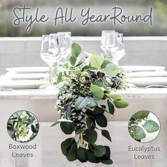 Eucalyptus Garland - Lush, Natural Looking Artificial Faux Greenery Garland Vine for Wedding Decor, Table Runner, Mantle. Abundant Textured Boxwood, Silver Dollar Eucalyptus Leaves