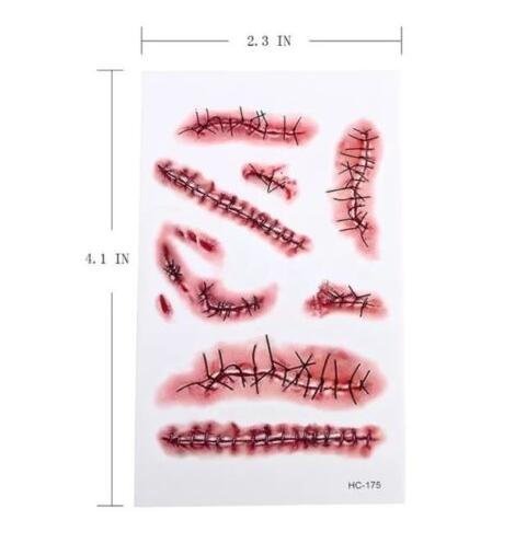 Horror Realistic Fake Bloody Wound Stitch Scar Scab Waterproof Temporary Tattoo Sticker Halloween Masquerade Prank Makeup Props Accessories-5PC