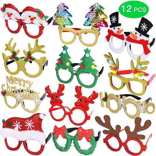 Fun 12Pcs Christmas Glasses Glitter Party Glasses Frames Christmas Decoration Costume Eyeglasses for Christmas Parties Holiday Favors Photo Booth (One Size Fits All)