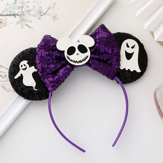 Halloween Mouse Ears Headband Sequin Bow Pumpkin Hair Hoop, Party Decoration Costume Headwear Hair Accessories for Women Girls (Halloween 1)