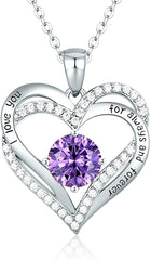 Forever Love Heart Pendant Necklaces for Women 925 Sterling Silver with Birthstone Zirconia