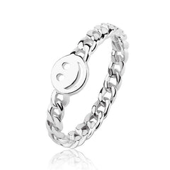 Women Good Luck Smiley Face Ring Happy Face Stackable  Hand Ring with Cute Chain Link Band