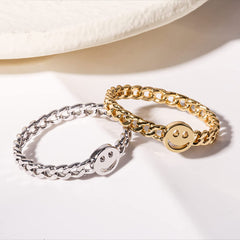 Women Good Luck Smiley Face Ring Happy Face Stackable  Hand Ring with Cute Chain Link Band