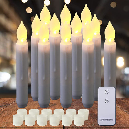 12pcs Batteries Operated Taper Candles with Remote, Warm White Flickering Light, Flameless Handheld Candles Floating, Led Hanging candlesticks for Party Halloween Church Home