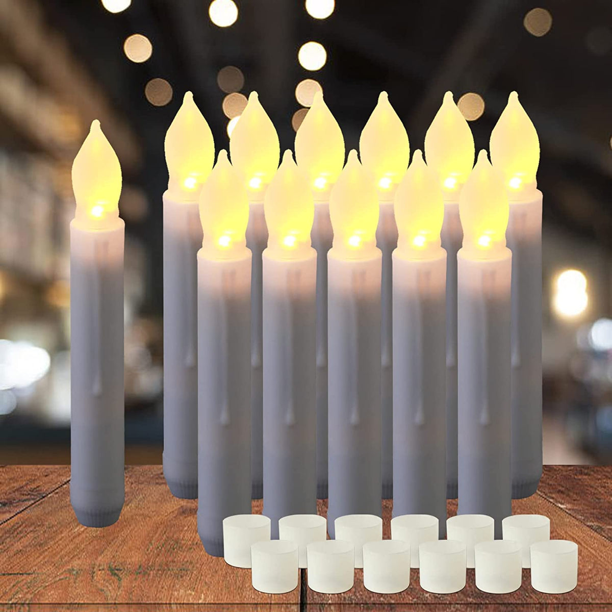 12PCS 6.5" White Flameless LED Taper Candles, Battery Operated Hanging Taper Candles, Flicking Battery candlesicks for Party Church Christmas Decor, No Remote