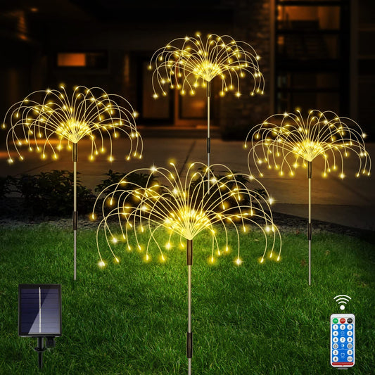 Lights Outdoor, Warm White Garden Lights, 4 Pack Firework Lights with 120 LED Starburst String Lights 8 Modes Fairy Lights with Remote, Wedding Christmas, Lawn Backyard Party Patio Decoration