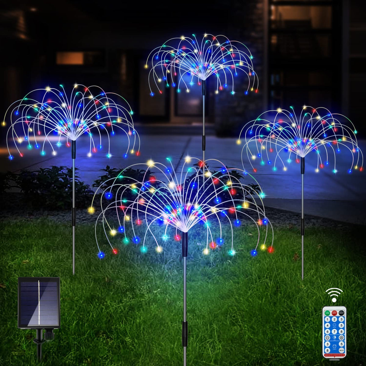 Lights Outdoor, Warm White Garden Lights, 4 Pack Firework Lights with 120 LED Starburst String Lights 8 Modes Fairy Lights with Remote, Wedding Christmas, Lawn Backyard Party Patio Decoration