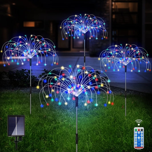 Lights Outdoor, Warm White Garden Lights, 4 Pack Firework Lights with 120 LED Starburst String Lights 8 Modes Fairy Lights with Remote, Wedding Christmas, Lawn Backyard Party Patio Decoration