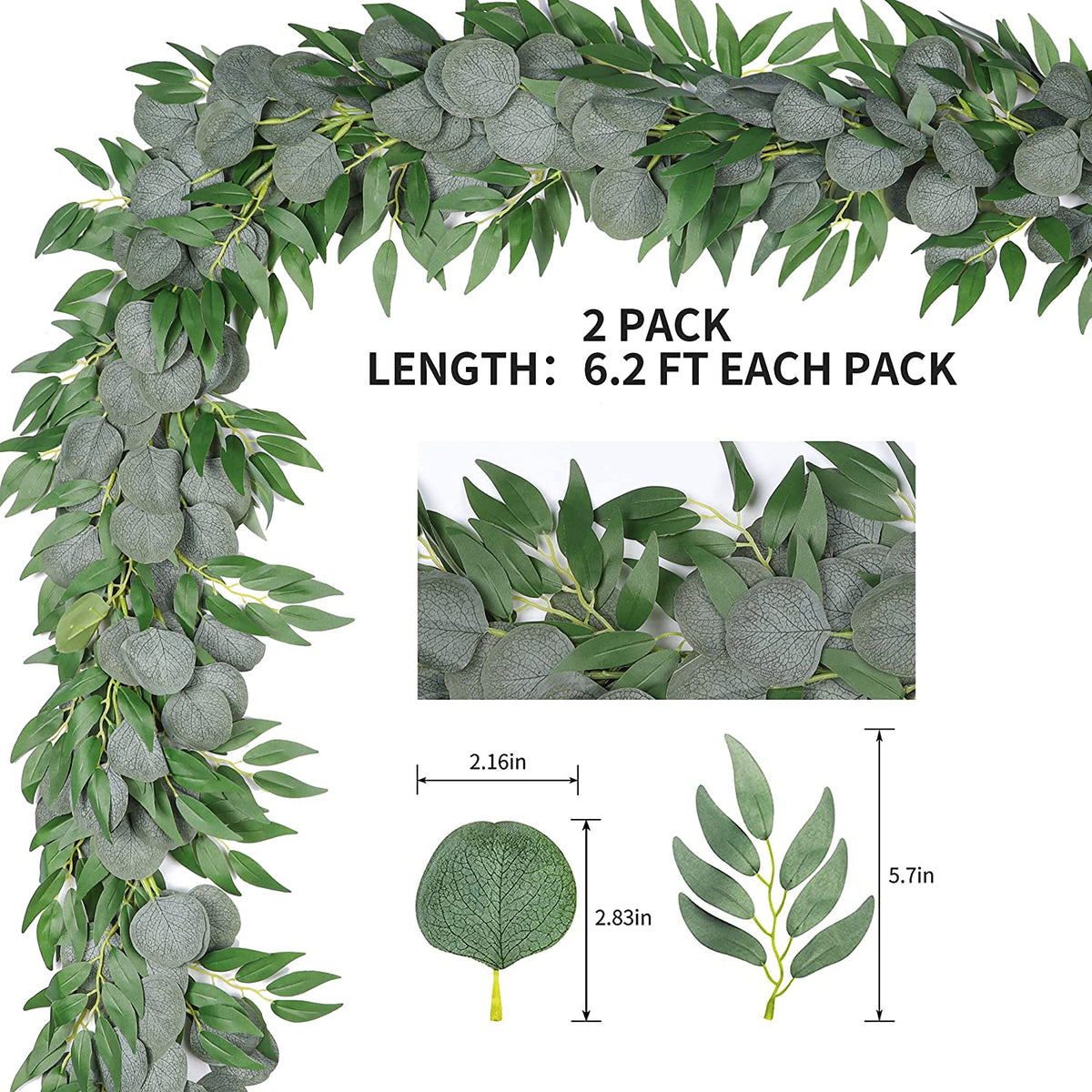 2/4 Packs 6.2 Feet Artificial Silver Dollar Eucalyptus Leaves Garland with Willow Vines Twigs Leaves String for Doorways Greenery Garland Table Runner Garland Indoor Outdoor.