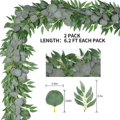 2/4 Packs 6.2 Feet Artificial Silver Dollar Eucalyptus Leaves Garland with Willow Vines Twigs Leaves String for Doorways Greenery Garland Table Runner Garland Indoor Outdoor.