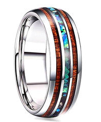 Hawaiian Koa Wood Tungsten Hand Rings Dome Abalone Shell/Blue Center Wedding Bands for Men Women