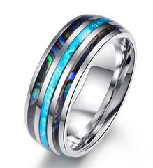 Hawaiian Koa Wood Tungsten Hand Rings Dome Abalone Shell/Blue Center Wedding Bands for Men Women