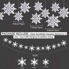 Christmas Hanging Snowflake Decorations, 12PCS Snowflakes Garland & 12PCS 3D Glittery Large White Snowflake for Christmas Winter Holiday