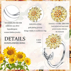 Sterling Silver Ring for Women Sunflower Spinner Ring  Open Adjustable Hand Ring