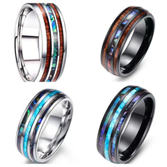 Hawaiian Koa Wood Tungsten Hand Rings Dome Abalone Shell/Blue Center Wedding Bands for Men Women