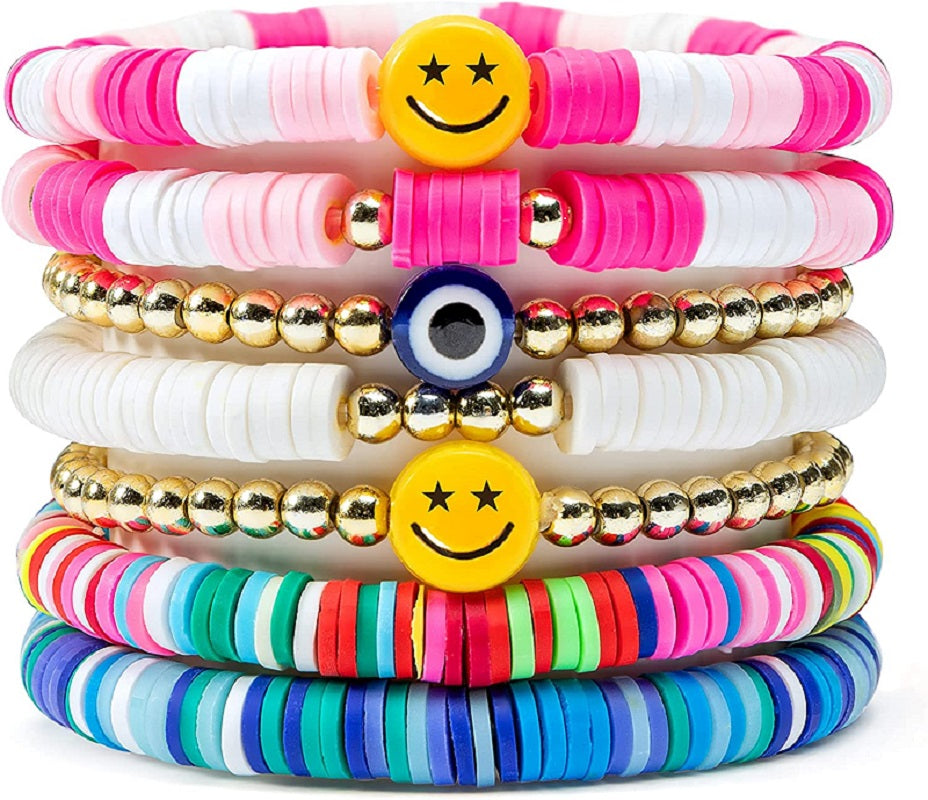 7Pcs Heishi Surfer Bracelets Set Colorful  Beaded Stretch Bracelets Stackable Boho Disc Bracelets