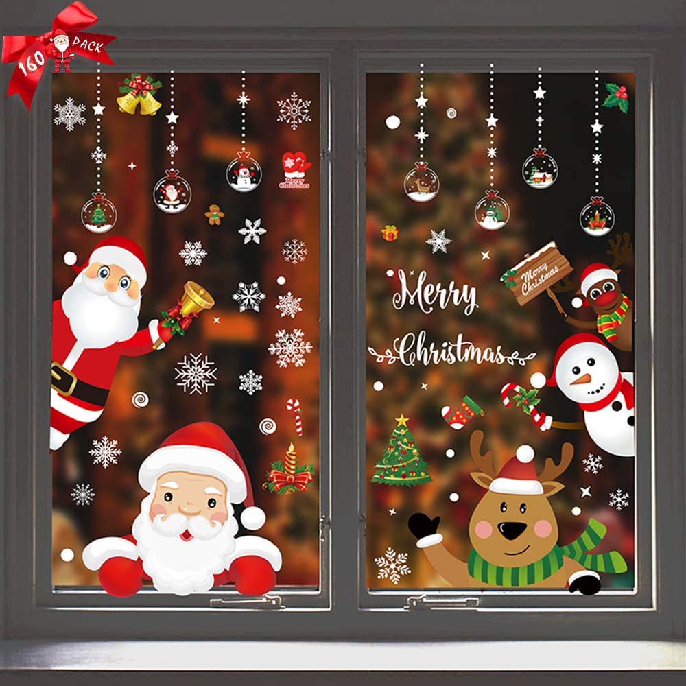 Christmas Window Stickers Clings,160Pcs Double-Side Removable Christmas Window Decal Stickers for Christmas Decorations Window Decorations Ornaments Party Supplies Refrigerator Decor