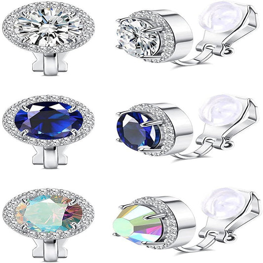 Cubic Zirconia Crystal Clip-On Stud Round Non-Pierced Earrings