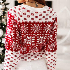 Women's Christmas Snowflake Reindeer Knitted Sweater Long Sleeve Crew Neck Heart Animal Print Pullover Knitwear