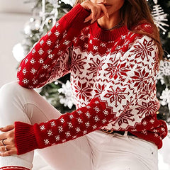 Women's Christmas Snowflake Reindeer Knitted Sweater Long Sleeve Crew Neck Heart Animal Print Pullover Knitwear