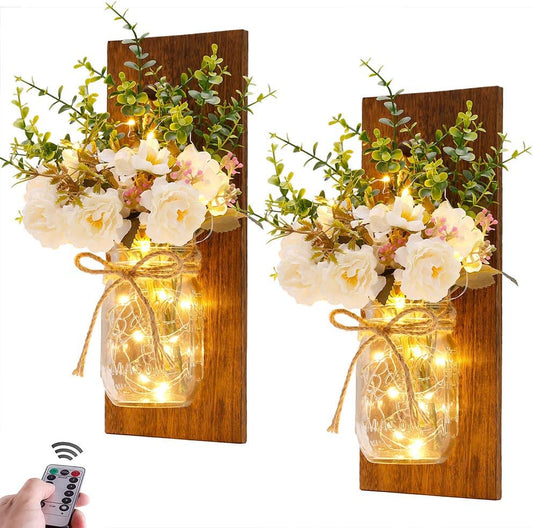 Mason Jar Sconces Handmade Wall Art Hanging ornaments Design, Remote Control LED  Decorations Wall Home Decor  Lights Set of Two