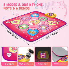 Dance Mat, Electronic Musical Play Mats Pink Dance Pad with LED Lights, Dance Game Toy Gift for Kids with 5 Game Modes, Christmas Birthday Gifts for 3 4 5 6 7 8 9 10 Year Old Girls Toys