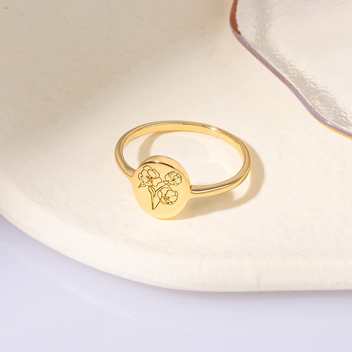 Gold Plate Ring-Minimalistic Statement Ring with Botanical Engraved Hand Ring